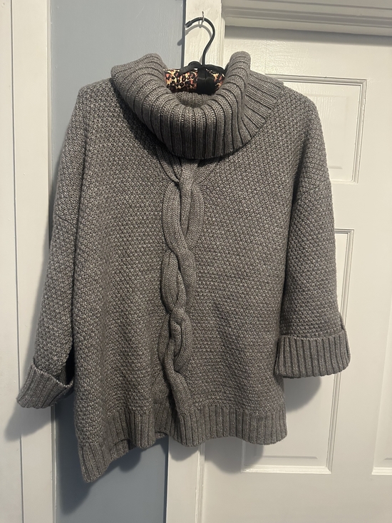 Talbots Sweaters - Talbots Heather Gray Cable-Front Cowl Neck Sweater